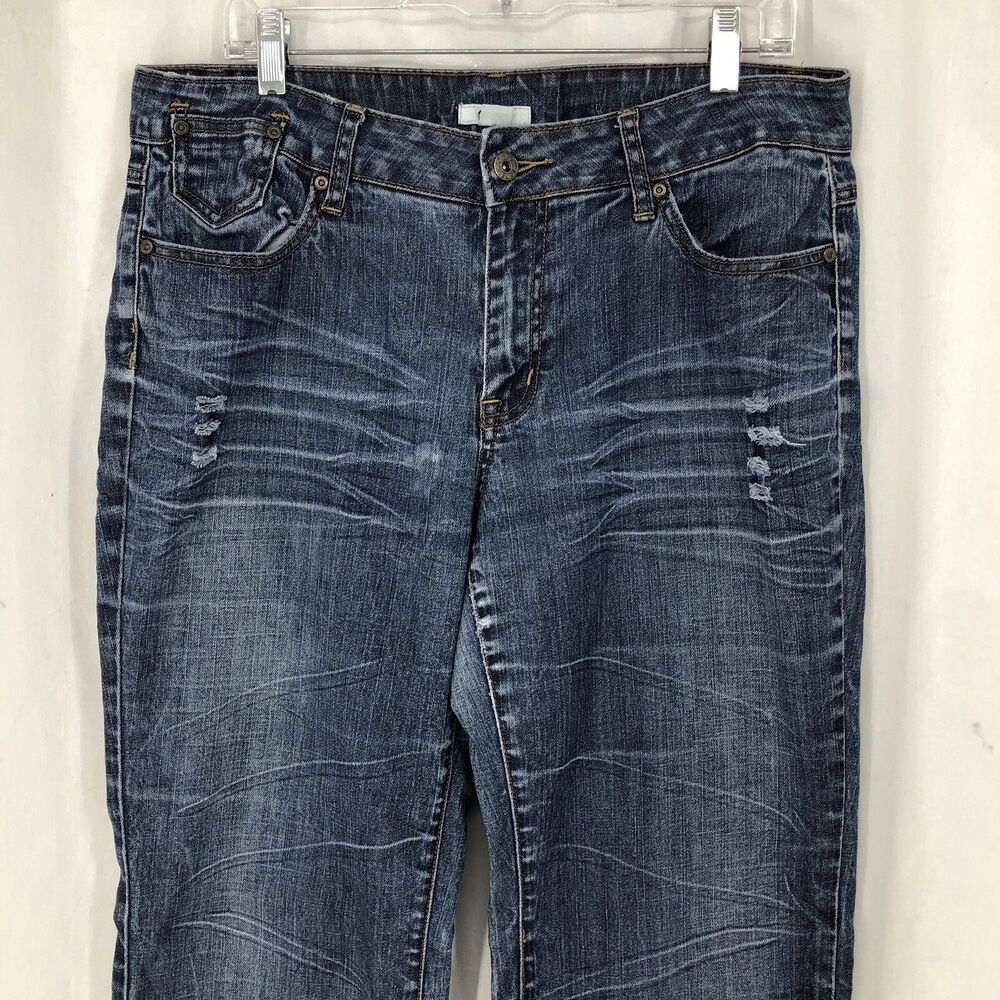 CATO BOOT CUT Whiskered Distressed Denim Blue Jeans 14 (36x32)